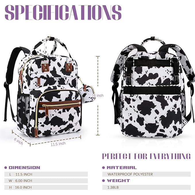 Tuwubi Diaper Bag Backpack, Baby Essentials Travel Tote Bag, Multi function Waterproof Backpacks, Travel Essentials with Stroller Straps & Pacifier Case - Cow Print