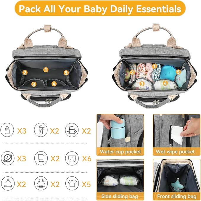 Diaper Bag Backpack with Changing Station – Large Waterproof Baby Bag for Moms & Dads, Pañaleras para Bebe, Multifunctional Diaper Backpack for Baby Girl, Travel Essentials (Gray)