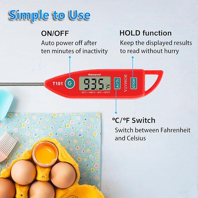 BOMATA 2 Pack Waterproof IPX7 Meat Thermometer Instant Read Food Thermometer with Long Probe for Water, Liquid, Kitchen Cooking, Grill,BBQ ! T101 X 2 Pcs (Black & Red)…