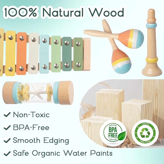 Baby Musical Instruments - Wooden Montessori Toys for Toddlers 1-3,Modern Boho Xylophone Includes Songbook with 13 Kids' Songs,Neutral Colors Wooden Percussion Instruments Set
