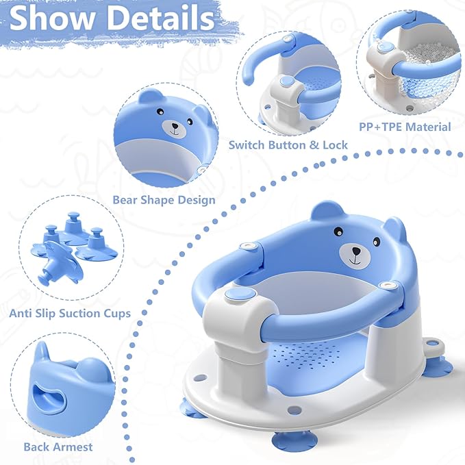 Baby Bath Seat for Babies 6 Months & Up, Toddler Bath Seats for Babies Sitting Up, Non-Slip Infant Bath Tub Chair with 4 Suction Cups & Soft Cushion for Shower, Compact Toddler Bathtub Seat, Blue
