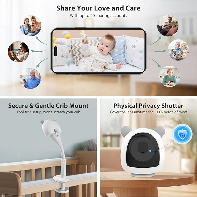 Smart Baby Monitor WiFi with Camera and Audio, Baby Breathing Detection Contact-Free AI, 2K Night Vision Contact Free Camera Device, Wireless App Control, No Monthly Fee - White