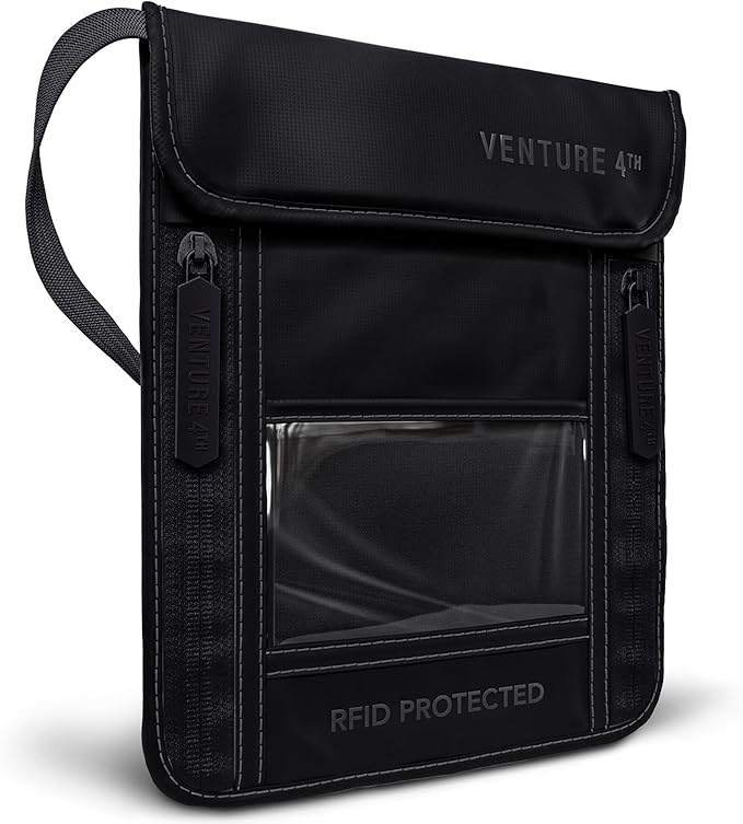 VENTURE 4TH Passport Holder Neck Wallet with RFID Blocking Nylon Lining - Hidden Neck Pouch for Travel (Sleek Black)