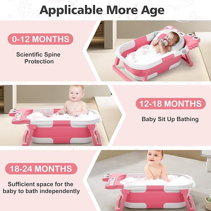Collapsible Baby Bathtub for Newborn, Foldable Baby Bath Tub with Thermometer & Soft Floating Cushion & Drain Hole, Portable Travel Infant Bath Tubs for Newborns to Toddler 0-36 Months Girl, Pink