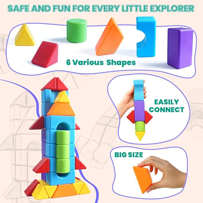 Magnetic Building Blocks in Multiple Shapes, 1.65 Inch Montessori Magnetic Block Set for Kids Ages 4 5 6 and Up, 36PCS Creative Learning Toys for Boys and Girls