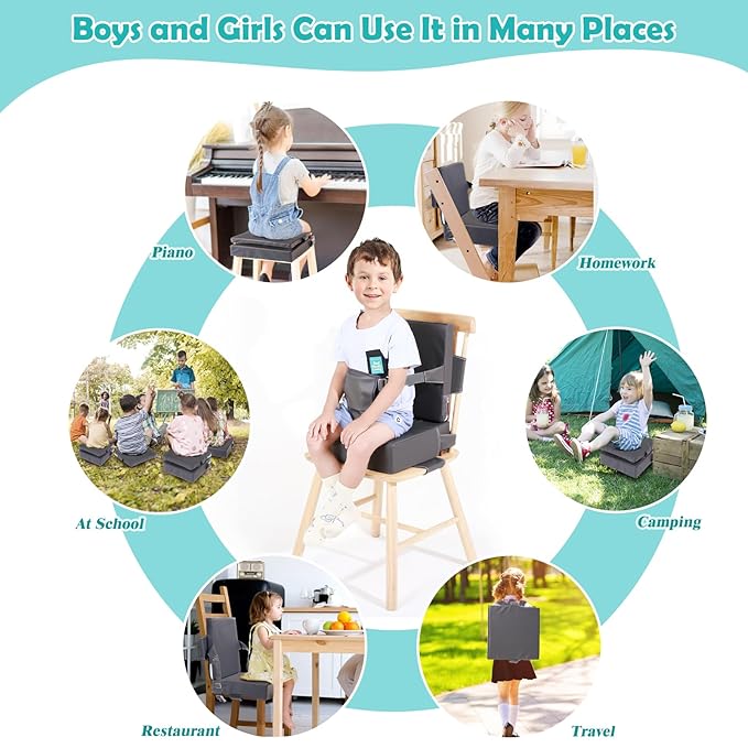 Toddler Booster Seat for Dining Table Kitchen Chair, Waterproof Non-Slip with Backrest & Adjustable Straps, Portable PU Travel Baby Kids Booster Seat Cushion