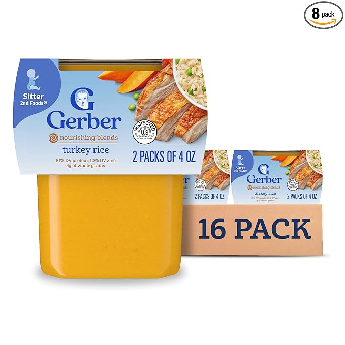 Gerber Baby Food 2nd Foods, Dinner, Turkey & Rice Puree, 4 Ounce Tubs, 2-Pack (Pack of 8)