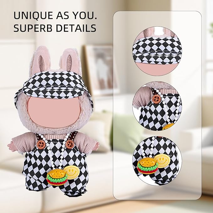17cm Doll Clothes 5 Sets, Hat & Overalls Dress Up Outfit Compatible for Labubu 17cm 15cm Accessories, No Doll Included