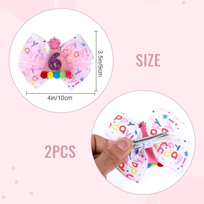 Birthday Hair Bow for Baby Girls 1 2 3 4 5 6 Year Old Sprinkle Hair Clips Happy Birthday Decorations for Girls Toddlers With Pom-Poms Ice Cream Candy Party Pink Hair Accessories for 6th Sweet Party