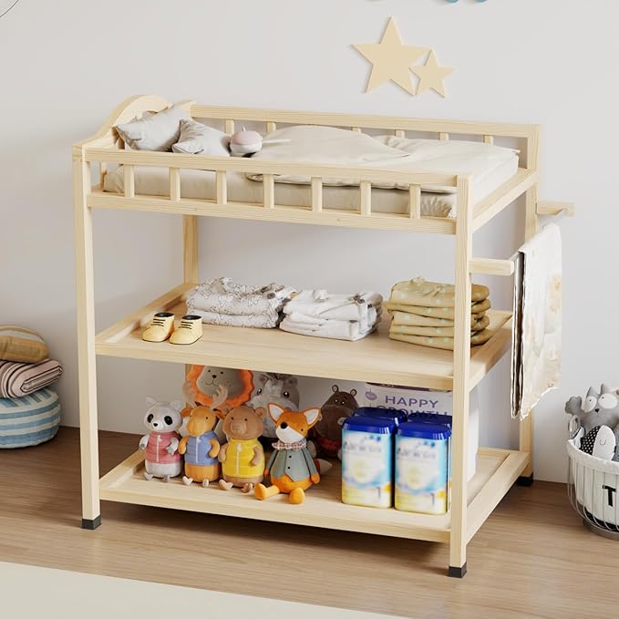Infant Changing Table in Natural, Solid Wood Structure with Weight Capacity Up to 30LBS, Portable Changing Station for Baby Nursery, New Zealand Pinewood