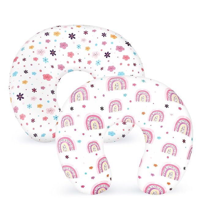 Nursing Pillow Cover 2 Pack Soft & Adorable Slipcovers for Breastfeeding Pillows, Comfortable Stretchy Feeding Pillow Covers for Baby Girls Boys Newborn, Removable Pillow Case (Rainbow)