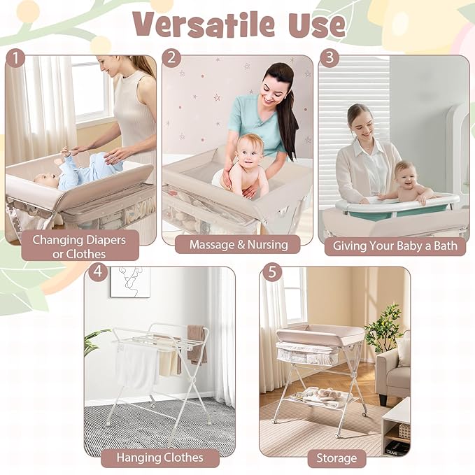 BABY JOY Portable Baby Changing Table, Foldable Diaper Changing Station with Wheels, Adjustable Height, Large Storage Rack, Trash Can, Mobile Nursery Organizer for Newborn Infant (Beige)