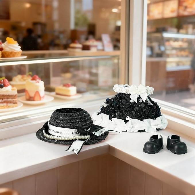 Labu-Clothes-bu Designer for 17cm Doll Clothes, 3-Piece Luxury Chic Labu-Outfits-bu with Velvet Hat/Fashion Dress/Classic Shoes