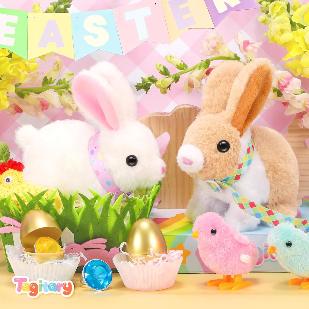 Tagitary Plush Easter Bunny Toys for Kids,Hopping Interactive Rabbit with Leash,Golden Egg,and Wind Up Toys,That Making Sounds,Wiggling Ears,Twitching Nose,Easter Basket Stuffers Gift for Toddlers