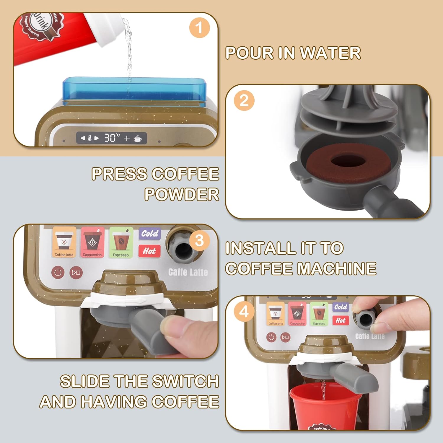 deAO Pretend Play Store Coffee Playset Kids Coffee Maker Play Set Pizzas Shop with Cash Register Toy Kitchen Playset Accessories Gifts for Toddlers Boys Girls