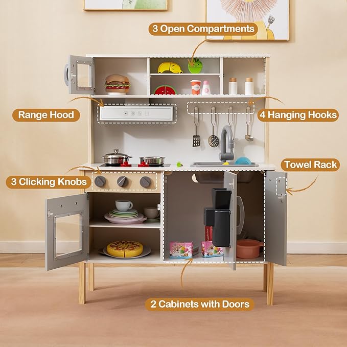 HONEY JOY Kids Kitchen Playset, Wooden Play Kitchen for Toddlers, Microwave, Range Hood, Ice Maker, 18 Cooking Accessories, Little Chef Pretend Play Toy Kitchen Set, Gift for Boys Girls, Gray