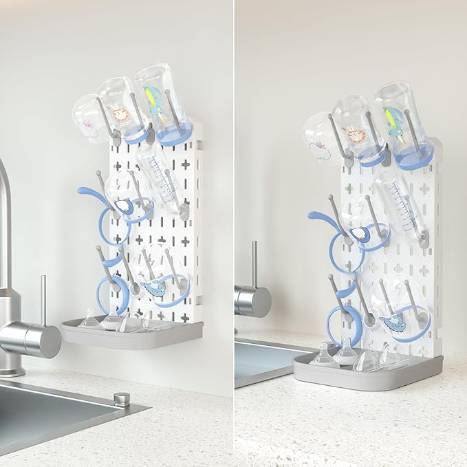 Baby Bottle Drying Rack Bottle Dryer Rack for 12 Bottle Drying Rack Space Saving Kitchen Countertop Vertical Cup Drainer Rack Detachable Baby Bottle Holder Storage Organizer Pump Part Dryer Rack Grey