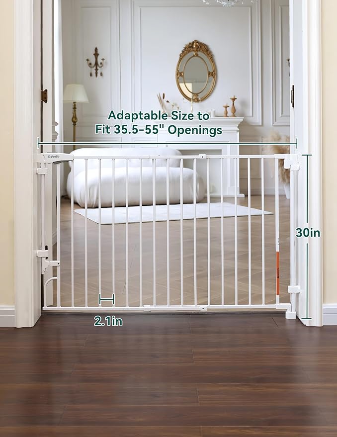Babelio No Bottom Bar & Easy to Remove Baby Gate, 35.5-55" Extra Wide Hardware Mounted (Drill Needed)| Wide Walk-Thru| Auto-Close Safety Dog/Pet Gate for Stairs & Doorways (White, 35.5-55" W, 30" H)