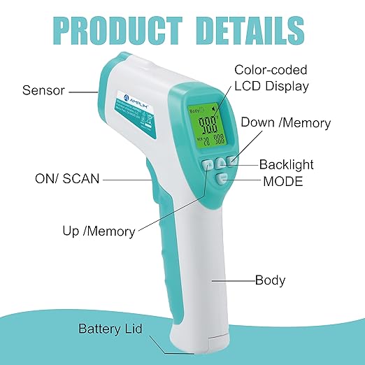 Amplim Forehead Thermometer for Adults, Kids, and Infants: No-Touch Digital Baby Thermometer, Temporal Touchless Medical Grade Newborn Thermometer, Registry Must Have for Body Fever Temperatures, Blue