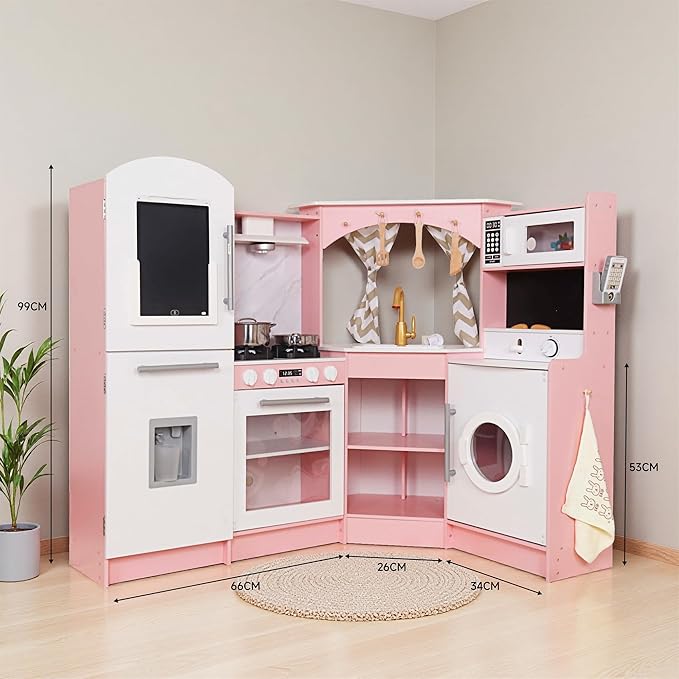 Large Wooden Corner Play Kitchen Sets with Ice Maker,Water Dispenser,Bread Maker,Washing Machine,Electronic Display,Toy Sink with Running Water,Stove with Light&Sounds, Birthday Gift for 3+ (Pink)