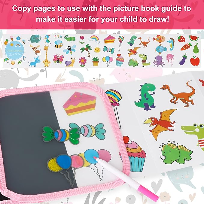 Erasable Doodle Set for Kids - Magic Drawing Book With 12 Watercolor Pens, 14 Page Reusable Book, Road Trip Car Game Writing Painting Set for Boys and Girls (Cat Pink)