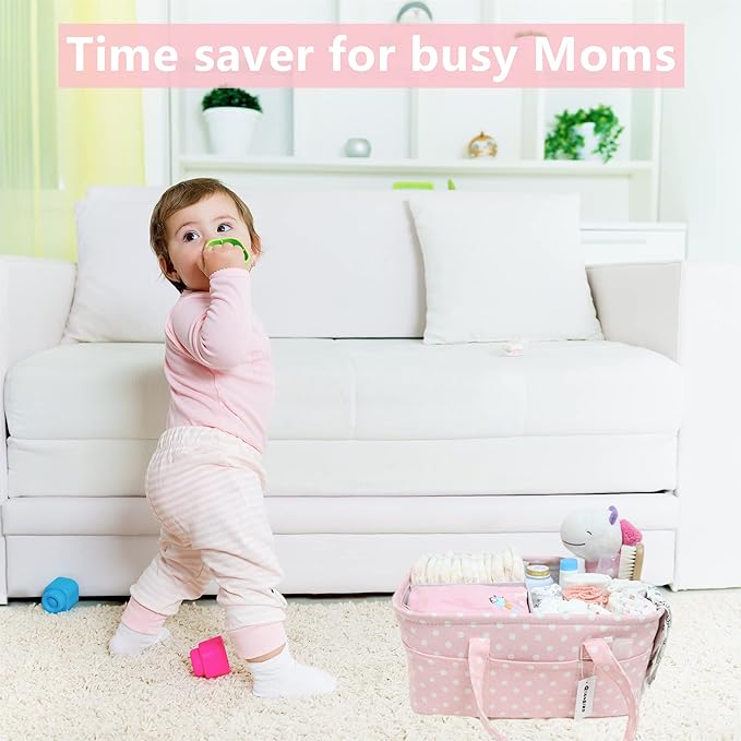 Pink Diaper Caddy Organizer for Baby Girl-Large Portable Diaper Caddy Basket for Changing Table-Diaper Organizer Caddy-Car Travel Tote Bag-Newborn Registry Baby Shower Basket for Diapers & Wipes