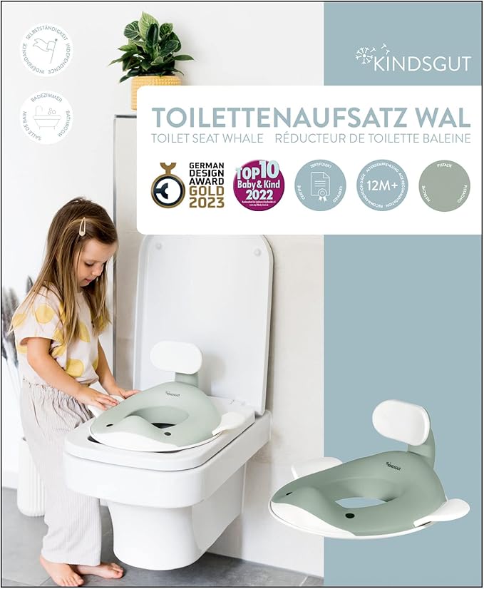 Kindsgut Potty Training Seat in whale design, designed in Germany, suitable for all toilet shapes non-slip toilet seat, Pistachio