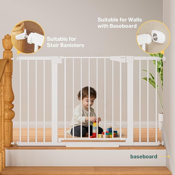 Cumbor 29.7"–51.5" Extra Wide Baby Gate for Stairs, Pressure-Mounted Dog Gates for Doorways & Hallways, Auto-Close Walk-Through, No-Trip Design, Child Proof Safety, Dog/Pet Gate for Indoor Use, White