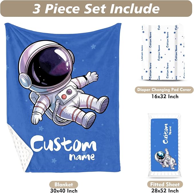 Personalized Baby Crib Bedding Set – Blue Astronaut Theme Nursery Bedding Sets 3 Piece with Custom Name Blanket, Fitted Crib Sheet & Changing Pad Cover – Ideal Newborn Gift for Boys