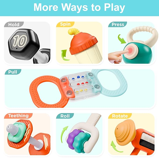 iPlay, iLearn Baby First Gym Rattle Set, Infant Dumbbell Weights Teething Rattles 3-6-12 Month, Newborn Workout Sensory Stroller Toy, Babies Birthday Shower Gift 5 7 8 9 10 Month Toddler Boy Girl-7PCS