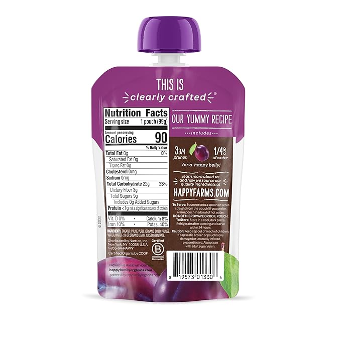Happy Baby Clearly Crafted, Organic Baby Food, Stage 1, Prunes, 3.5oz Clear Pouch (16 Count)