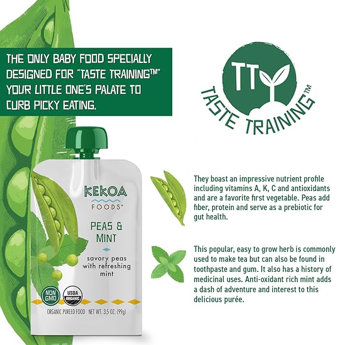 Kekoa Foods Peas & Mint Baby Food Purée | 100% USDA Certified-Organic Vegetarian Squeeze Pouch | Organic, Non-GMO, Gluten-Free, Vegan | Fiber & Protein Boosting First Food for Babies | 3.5 oz