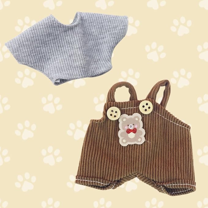 2-Piece Doll Clothes Set – Adorable Bear Themed Bib Pants & Gray T-Shirt for 15cm/17cm Dolls – Perfect Outfits Accessories Fits 15cm Dolls (No Doll)