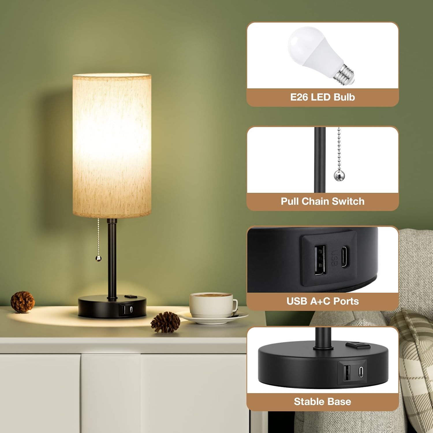Pull Chain Table Lamp for Bedroom - 3 Color Temperatures, USB A + C Charging, AC Outlet, 17.4 inch Tall Bedside Lamp with E26 LED Bulb