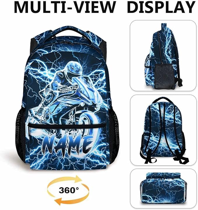 Personalized Backpacks for Boys, Motorcycle Backpack with Custom Name for Kids Kindergarten Primary Elementary Senior Middle, 17 Inch Lightweight Cool Lightning Schoolbag