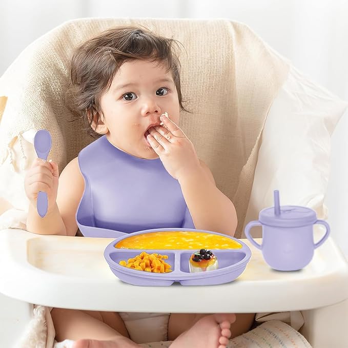 100% Silicone Baby Feeding Set,BPA Free Baby Dishes Set with Suction Bowl Divided Plate,Toddler Self Feeding Dish Set with Spoons Forks Sippy Cup and Bib, Baby Eating Utensils(Purple)