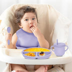 100% Silicone Baby Feeding Set,BPA Free Baby Dishes Set with Suction Bowl Divided Plate,Toddler Self Feeding Dish Set with Spoons Forks Sippy Cup and Bib, Baby Eating Utensils(Purple)