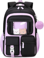 Kids Backpack for Girls School Bags for Middle School Students Book Bag for Elementary Primary Kawaii Ita Backpack, Black and Purple