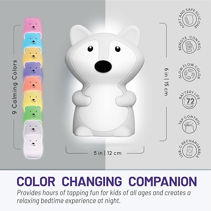 Lumipets Remote Control Silicone Night Light for Kids - Fox Design with 9 Soft Colors & Sleep Timer - Rechargeable, Battery-Operated Lamp for Bedroom | Baby Nursery, Toddler, Girls, Boys