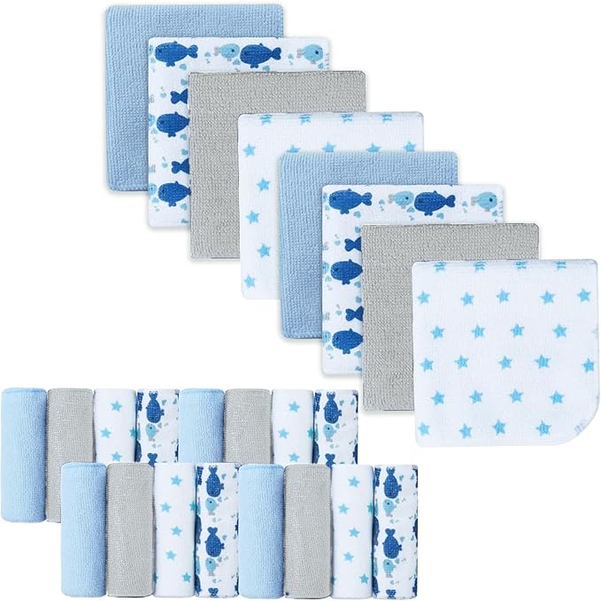 Softan Baby Washcloths, 24Pack Baby Wash Cloths Extra Soft & Ultra Absorbent, Baby Towels and Washcloths Face Towel Unisex for Boys Girls Body, Washclothes Gentle on Sensitive Skin, 9x9 Blue Whale