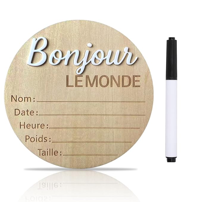Baby Announcement Sign, 5.9 Inch Wooden Hello World Newborn Signs, "Bonjour Le Monde" Decoration, Birth Announcement Sign, Welcome Newborn Arrival to World, Hospital Nursery for baby