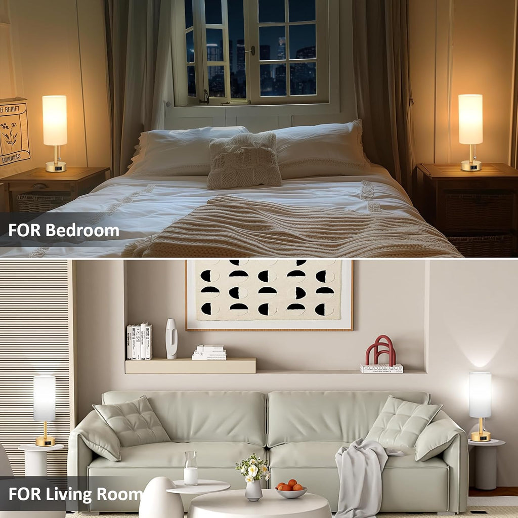 Gold Bedside Table Lamps Set of 2-3 Color Temperatures Pull Chain Lamp with AC Outlet Charging Port, Two Round Night Stand Lamps for Bedroom Office Living Room