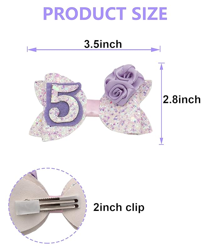 Birthday Hair Bow for Baby Girls 1 2 3 4 5 6 Years Sprinkle Decorations Party Hair Accessories for Five 5th Birthday Purple Rose