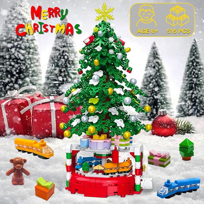 Christmas Tree Building Block Set, 515 Pieces, Rotating Base with Ornaments and Star, Holiday Building Toy, Stocking Stuffers for Kids, Gifts for Boys & Girls