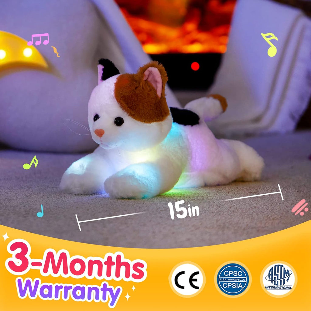 Glow Guards Light up Music Calico Cat Stuffed Animal LED Singing Kitty Soft Plush Toy Pillow with Night Lights Lullaby Birthday Children's Day Gifts for Toddler Kids, 15''