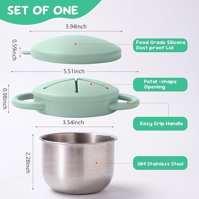 1 Pack Snack Containers for Toddlers, Stainless Steel Toddler Snack Cups with Silicone Food Catcher & Lids,Snack Cups for toddlers Spill Proof