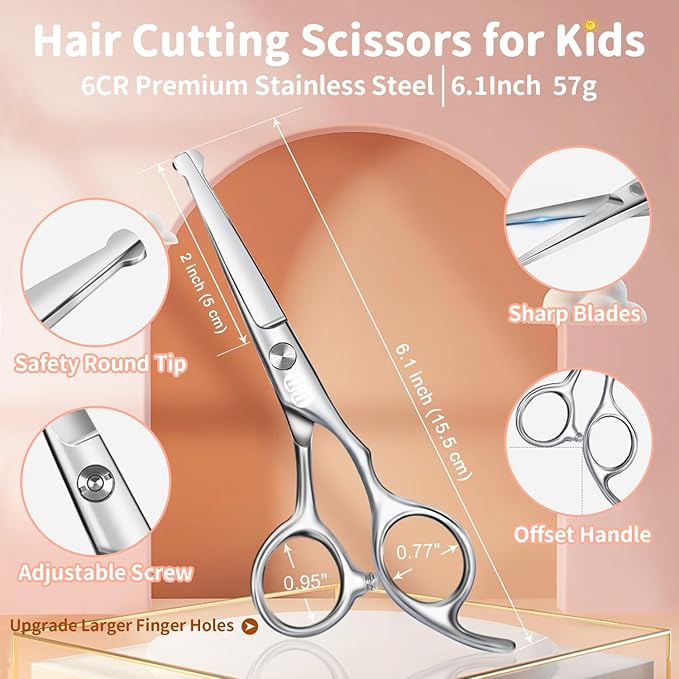 CIICII Kids Hair Cutting Scissors Shears Kit, Safety Round Tip Barber Haircut Scissors Set (Hair Trimming Hairdressing Haircutting Thinning Shears) for Baby Toddler Children, Hairdresser Home Salon