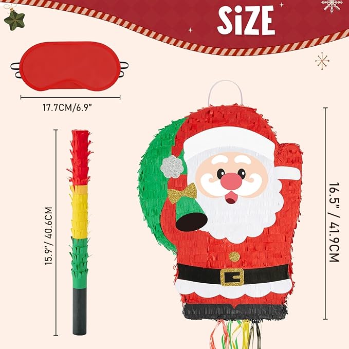 WERNNSAI Christmas Piata Large Pull String With Blindfold Bat - Cute Santa for Party Games, Red Decorations 16.5" x 12.4" - Gifts for Kids