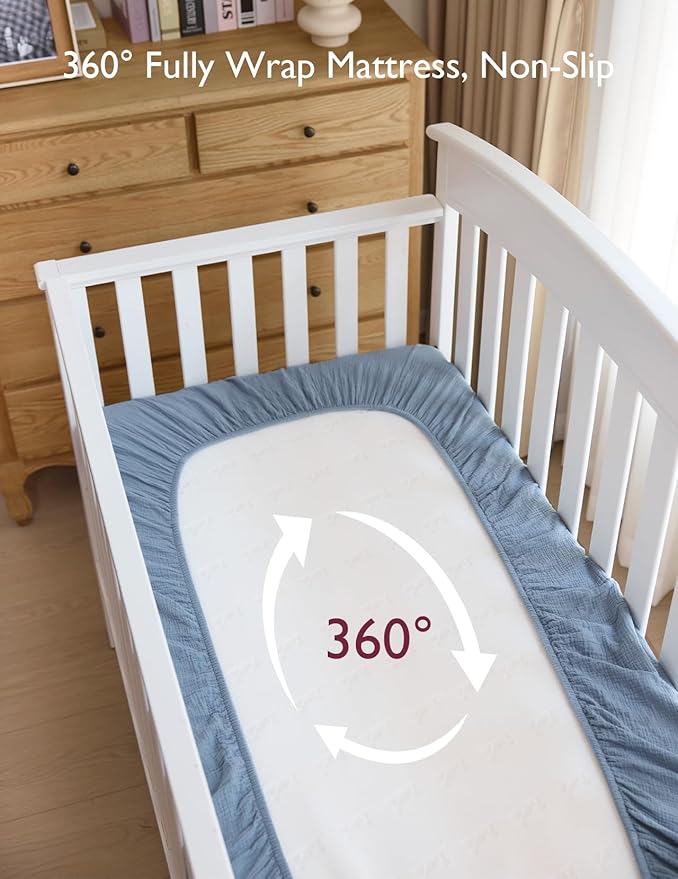 Momcozy Muslin Mini Crib Sheets Fitted - 38''x26'' Pack and Play Sheets for Pack N Play Mattress, 2 Pack Soft & Breathable Natural Cotton Non Slip Bed Cover for Boys, Girls, Blue Star Moon