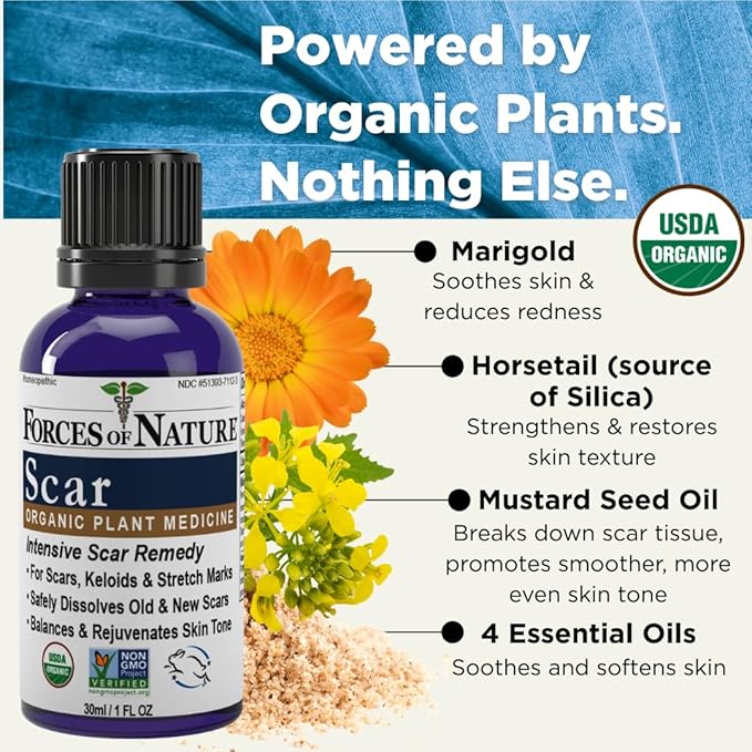Forces of Nature Scar Treatment, Reduce Stretch Marks, Surgical Scars, Old and New Scars, Burn Scars, and Keloids, Organic Homeopathic Medicine for Skin Care, Promotes Healthy Skin, 1 FL OZ